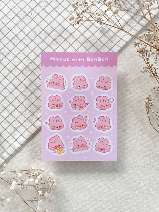 High-Quality Bunny Bonbon Mood Emoji Stickers - Funny Expressions - Matte Vinyl Sticker Sheet, Water-Resistant - A6 Size